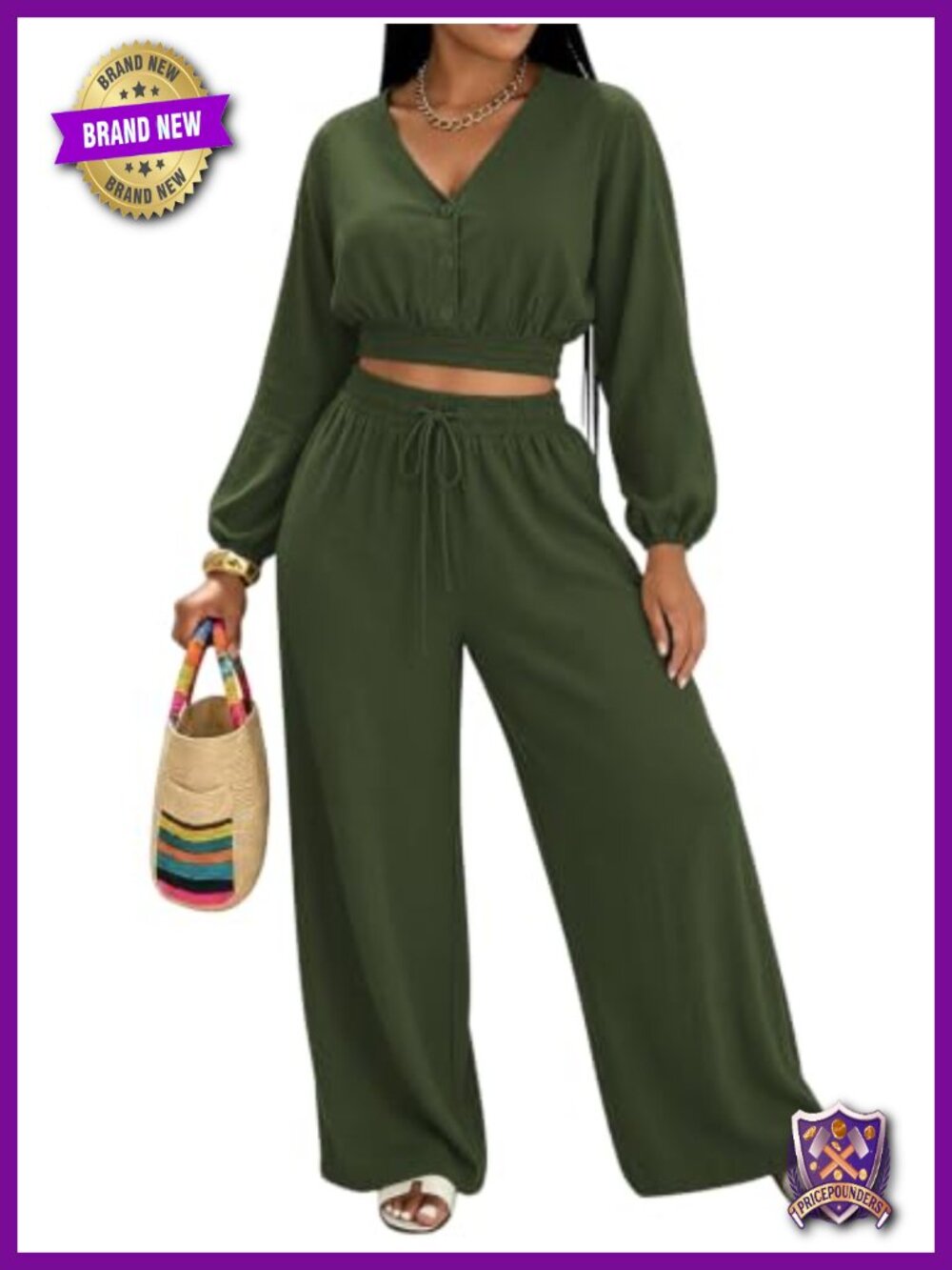 Women's 2 Piece V-Neck Button Top & Wide Leg Pant Set Casual Vacation Outfit